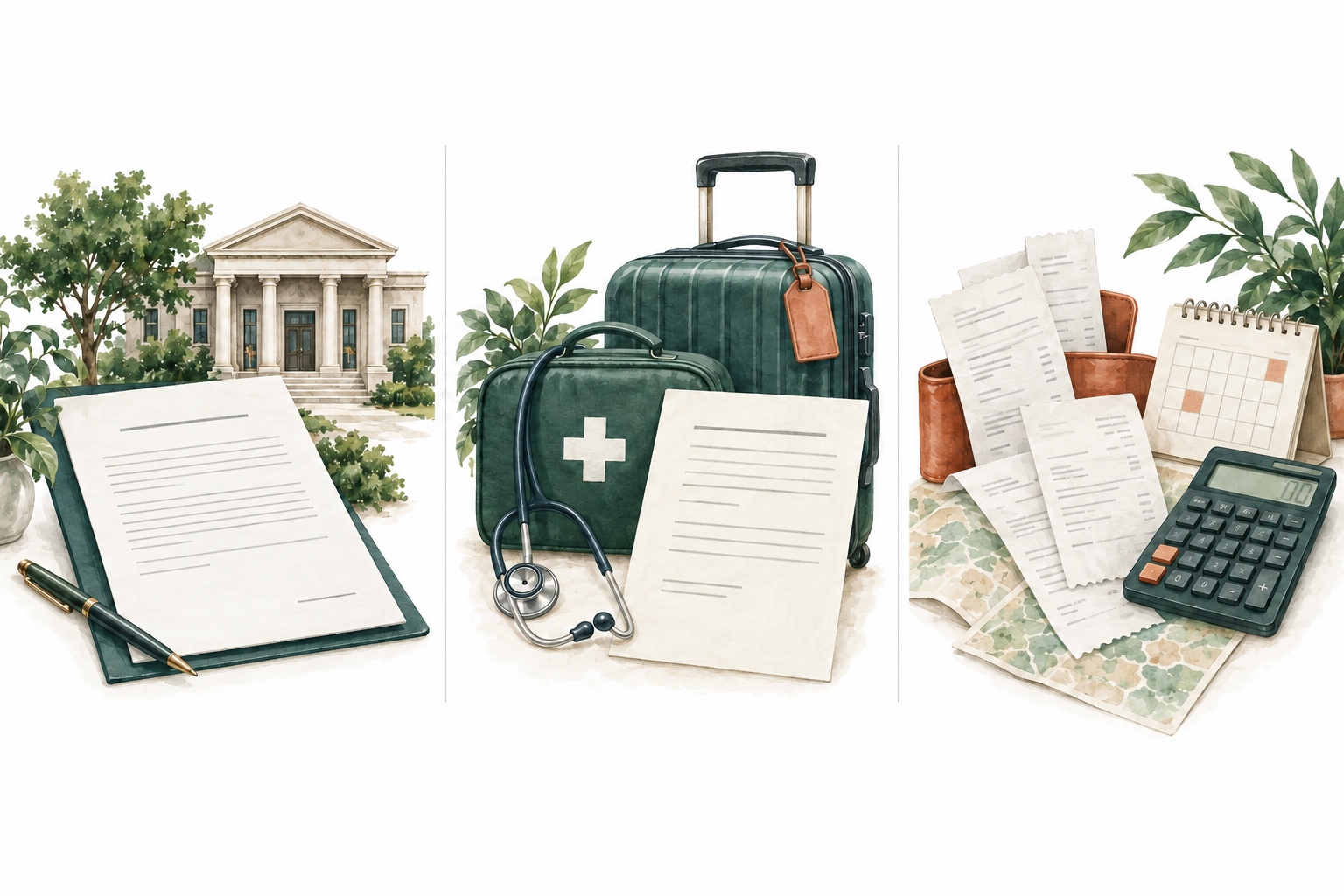 Three separate topics: management of travel funds, insurance benefits and additional travel expenses. Conceptual illustration only.