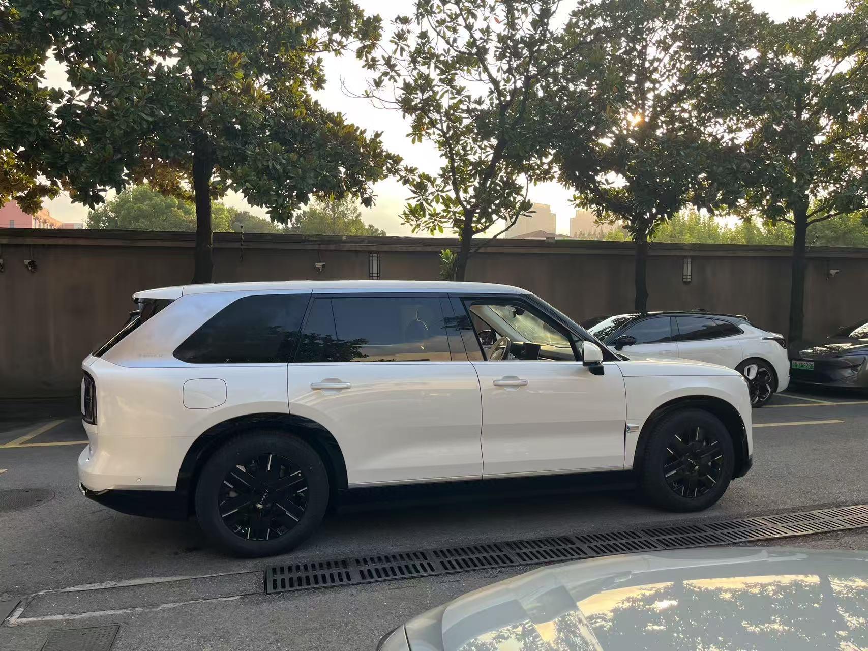 Zeekr 9X SUV in white, side profile on a tree-lined street