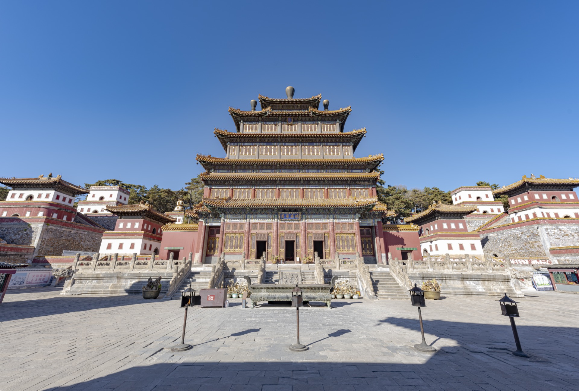 The Mahayana Hall of Puning Temple at Chengde, its symmetrical front courtyard in clear morning light