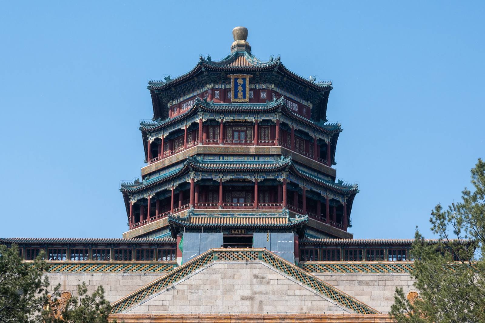 The Tower of Buddhist Incense rising above its marble terraces at the Summer Palace, Beijing
